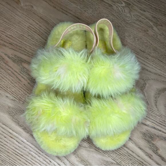UGG Oh Yeah Spots Slide Slipper Fluffy Sandal Neon Green Pink Women’s Size 7 - Picture 6 of 9
